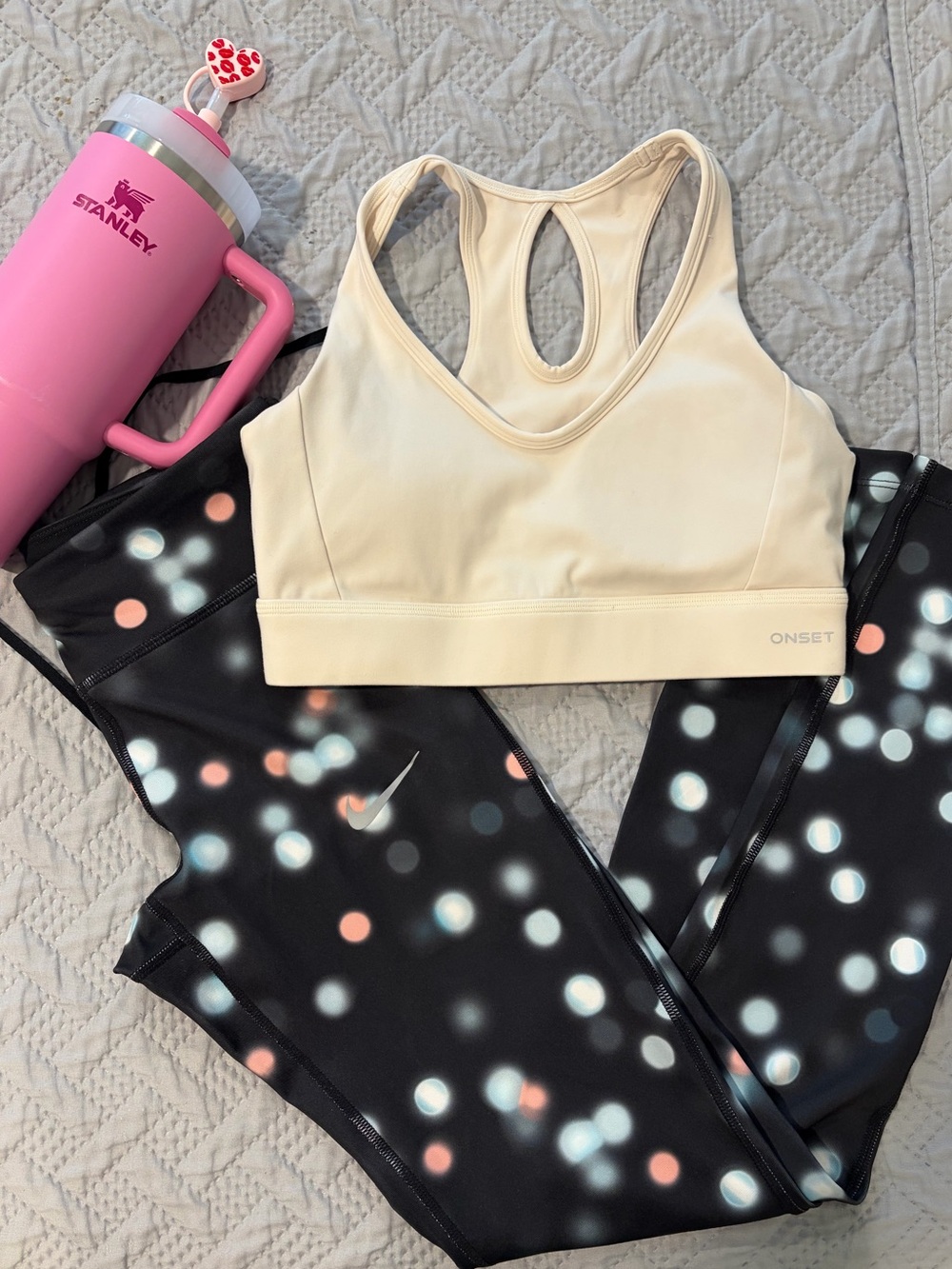 Cream Racerback Sports Bra & Patterned Leggings Set and Stanley all like new